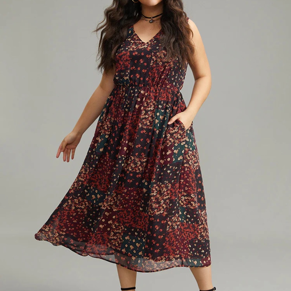 Floral Print Pocket Contrast Tank Dress